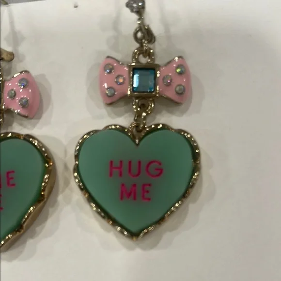 Betsey Johnson Heart Shaped Earrings with Pink Bow - Picture 3 of 5